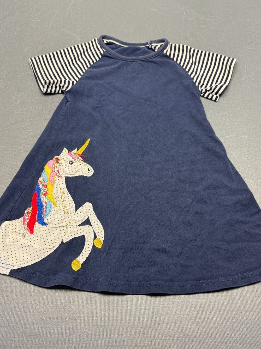 Girls Navy Unicorn Applique Size 4T 5T  Dress Short Sleeve Striped Raglan A-Line